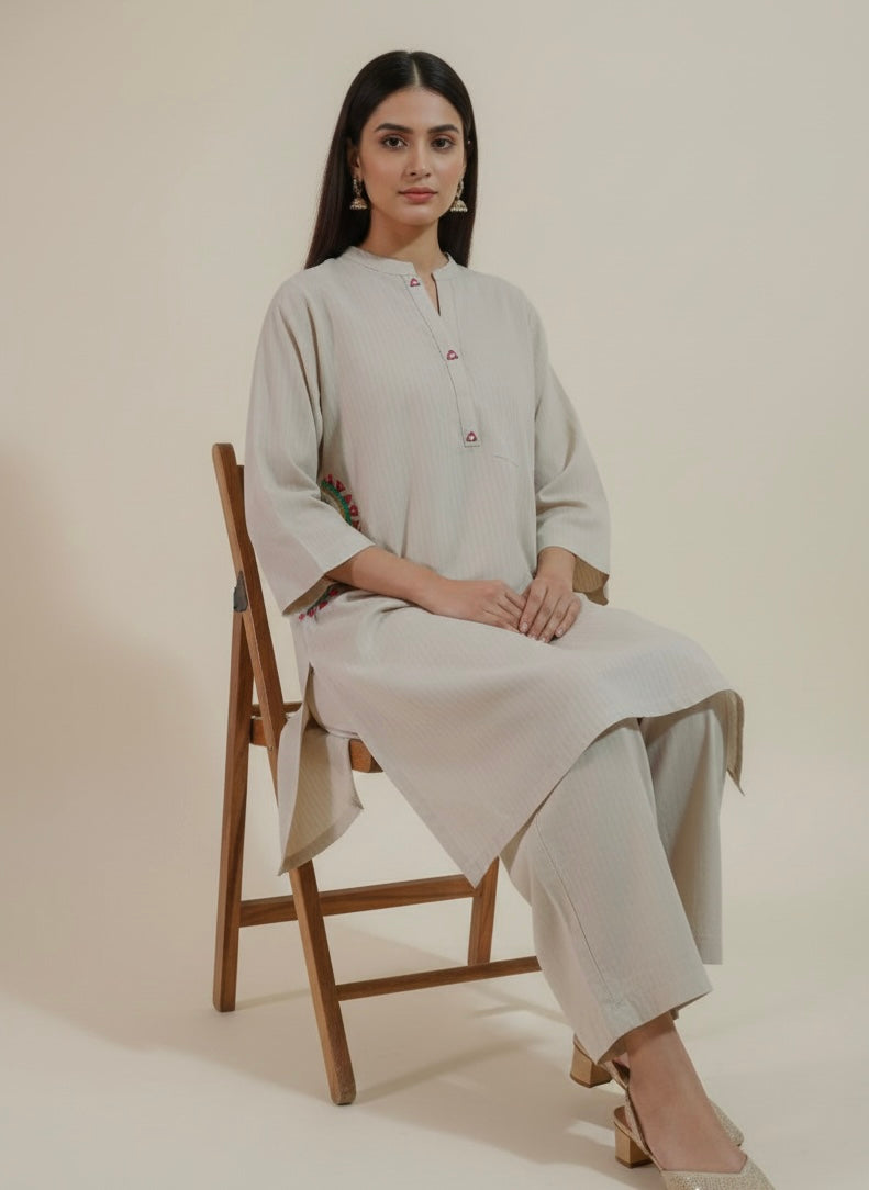 2pc Cotton Dress Hand Embroidery Pocket Design With Trouser